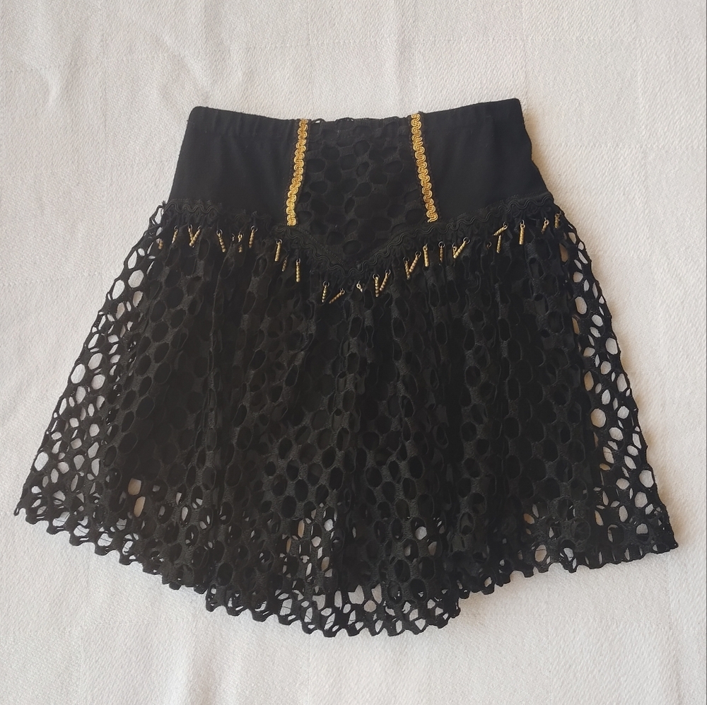 Vintage 1980s Black And Gold Lace Skort